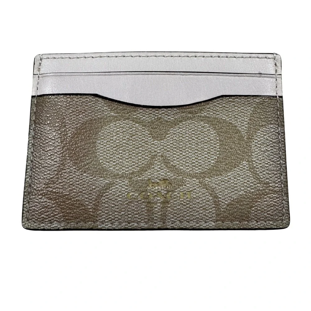Coach Card Case Womens OS Khaki White Signature Logo Slim Wallet